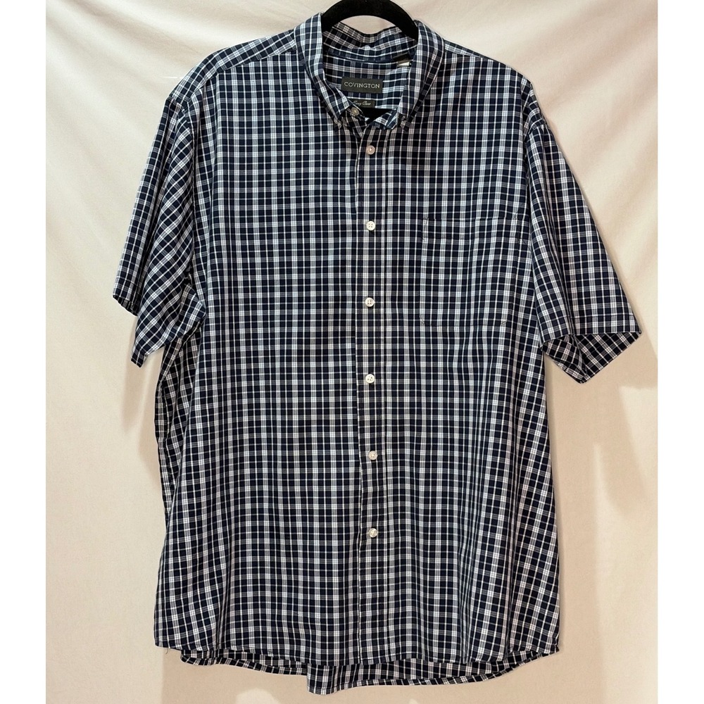 Covington Mens Easy Care Navy Blue Plaid Short Sleeve Button Down Shirt XXL